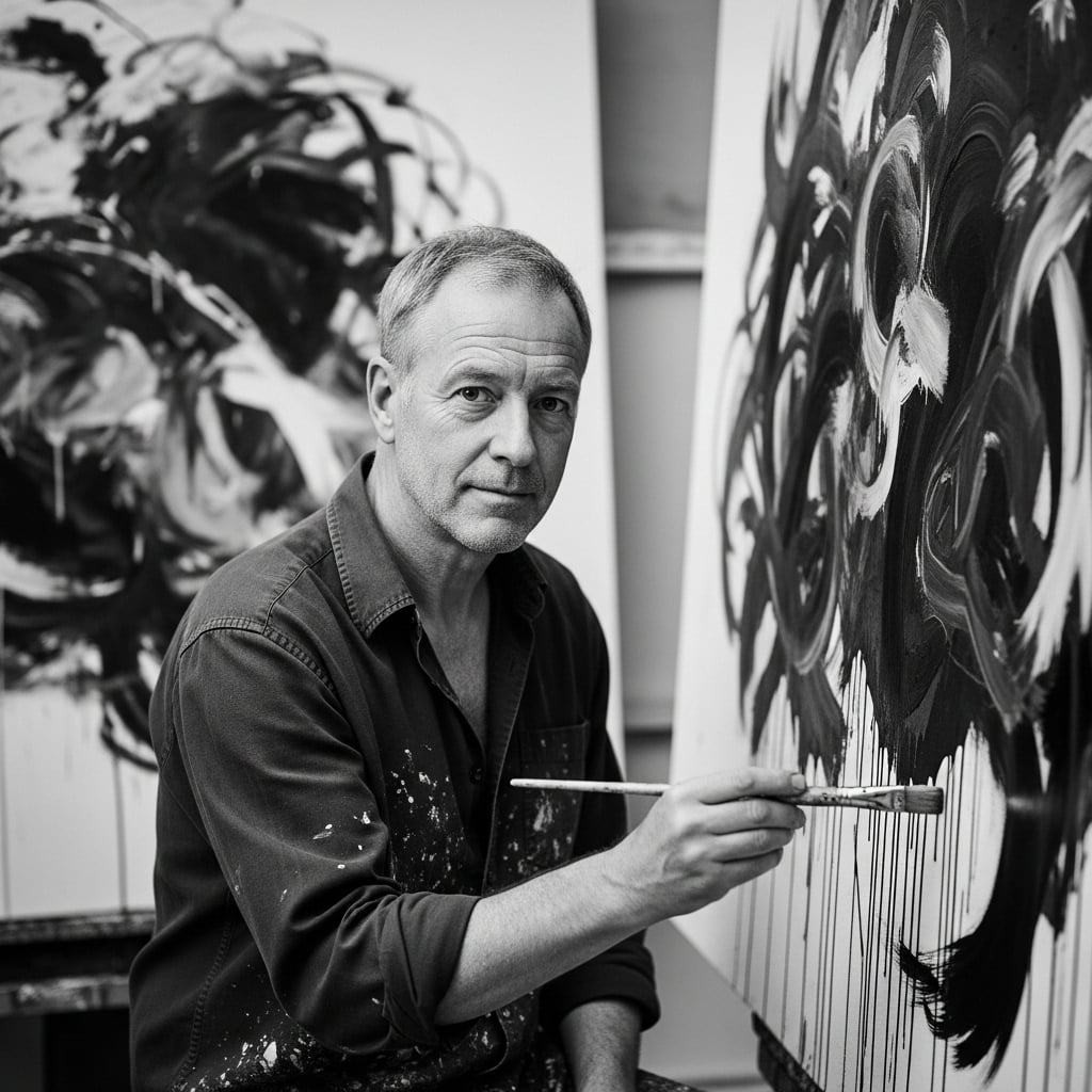 Artist Sebastian James in his studio painting a large-scale 3D textured forest canvas.