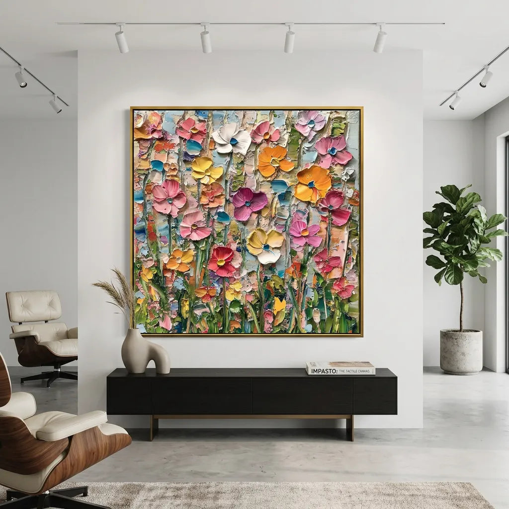 Deep crimson abstract impasto painting with heavy texture for festive living room decor.