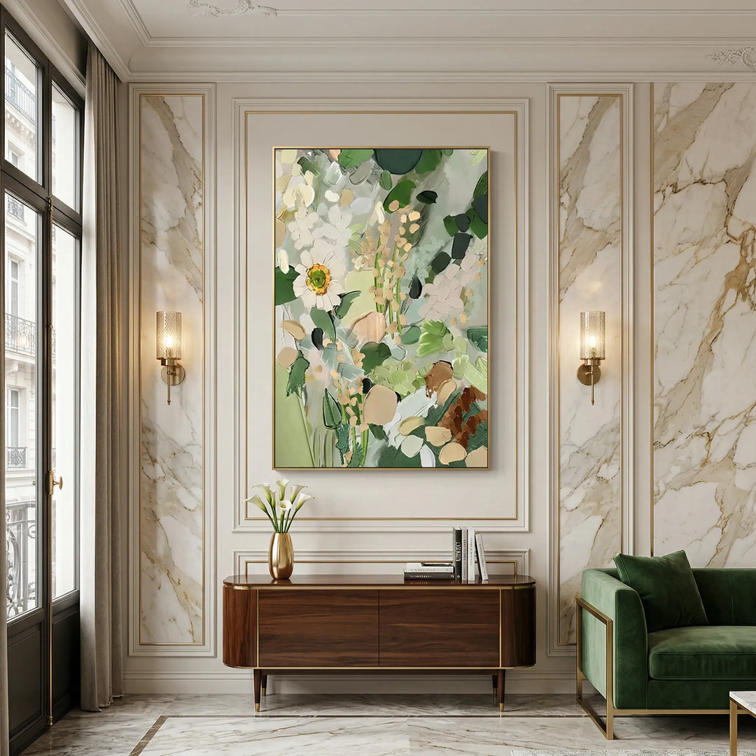 3D textured floral still life painting with thick impasto petals in muted neutral tones.