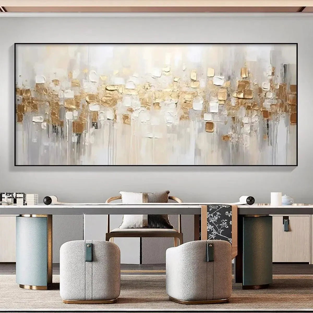 Large horizontal panoramic abstract painting with blue and sandy 3D textures.