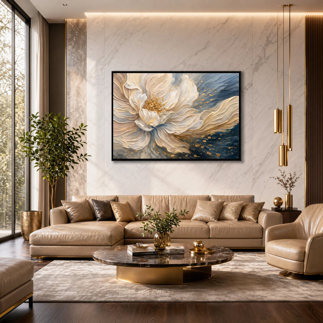3D Petal Floral Oil Painting Navy Gold Wall Art HP