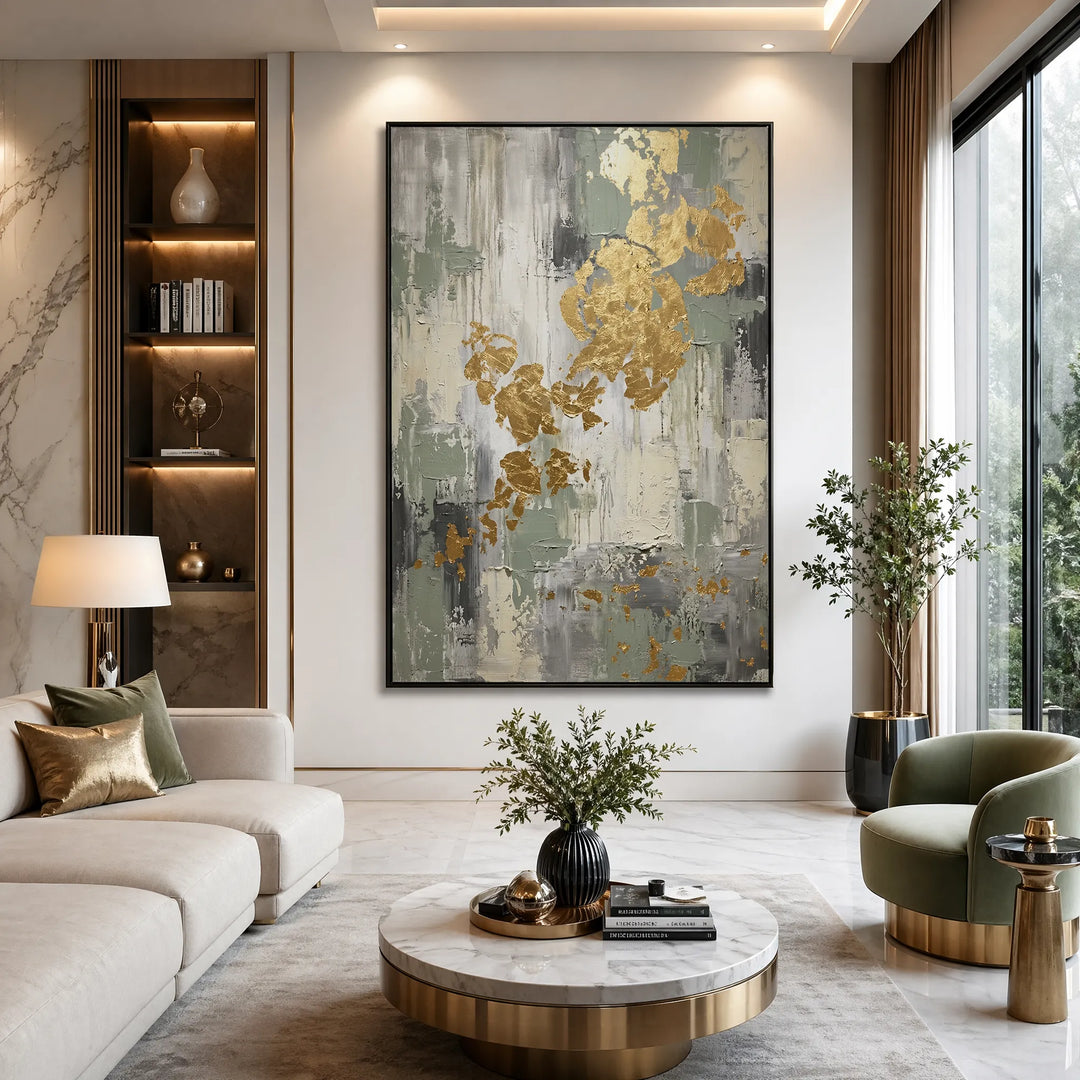 Sage Green Abstract Oil Painting Gold Leaf Wall Art HP