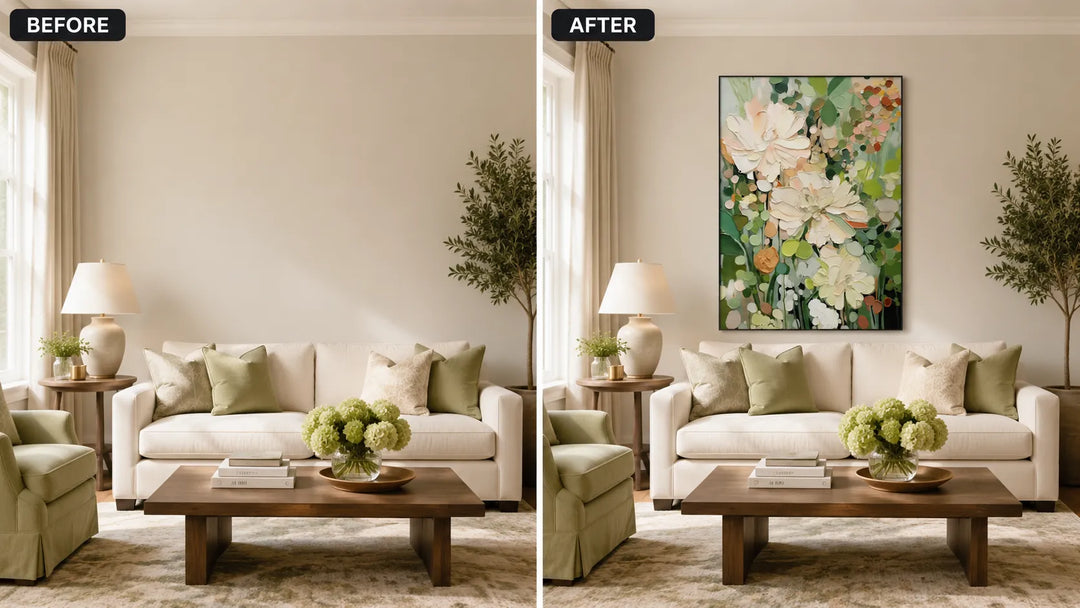 Cream Green Impasto Floral Painting MT