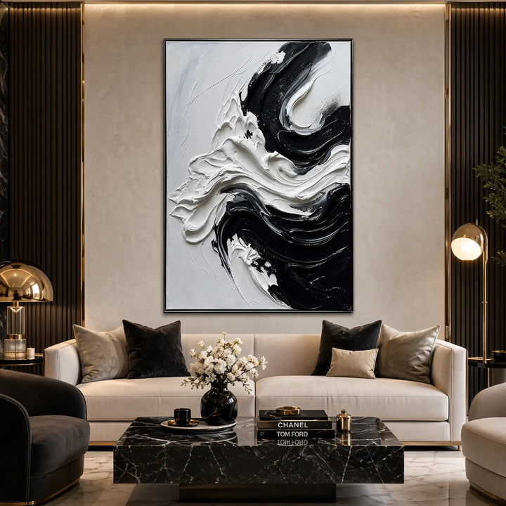 Black and White Abstract Impasto Oil Painting Vertical Wall Art HP