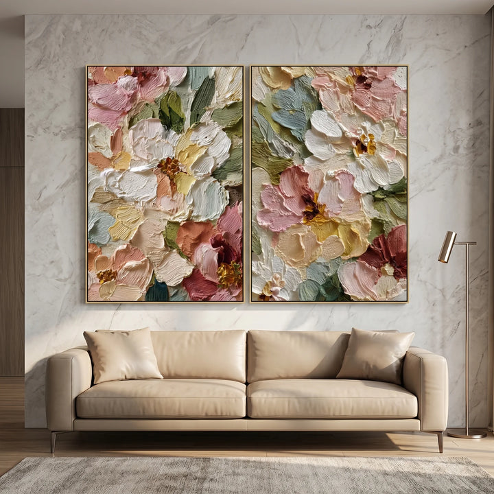 Textured Floral Diptych Canvas Print with Garden Blooms TA
