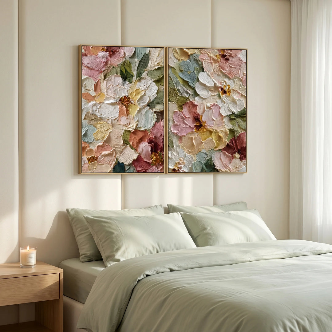 Textured Floral Diptych Canvas Print with Garden Blooms TA