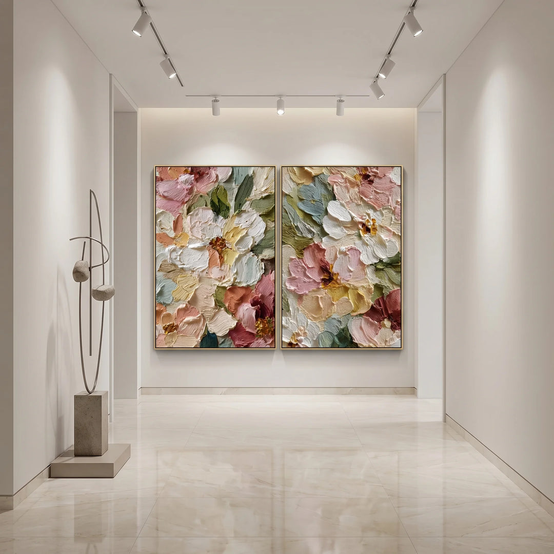 Textured Floral Diptych Canvas Print with Garden Blooms TA