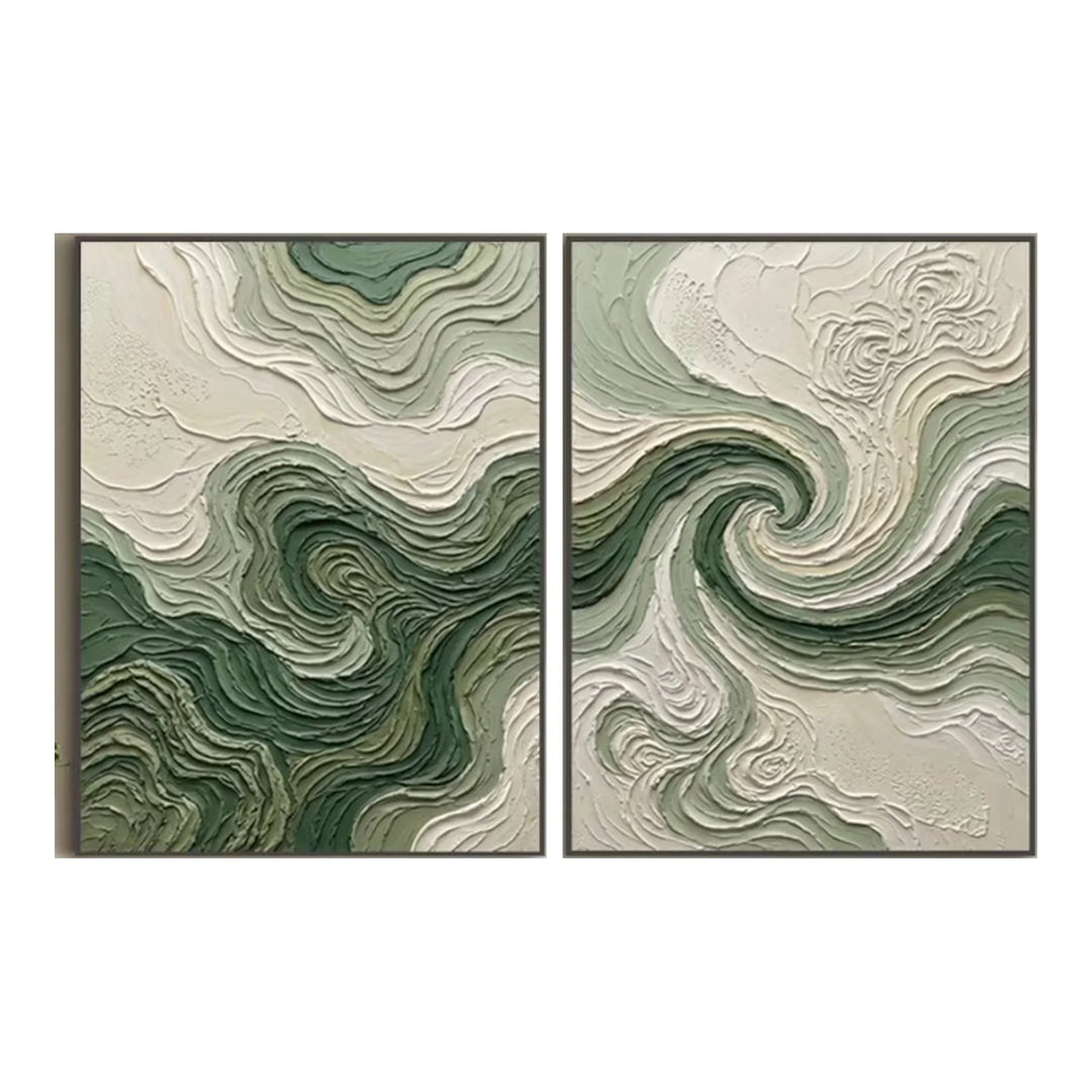 Green Abstract Swirl Diptych Canvas Print Wall Art TA
