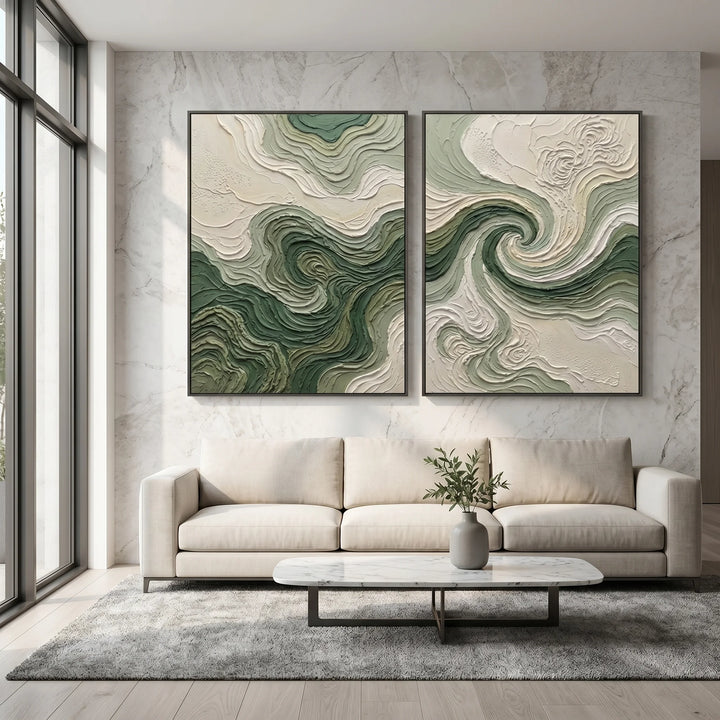 Green Abstract Swirl Diptych Canvas Print Wall Art TA