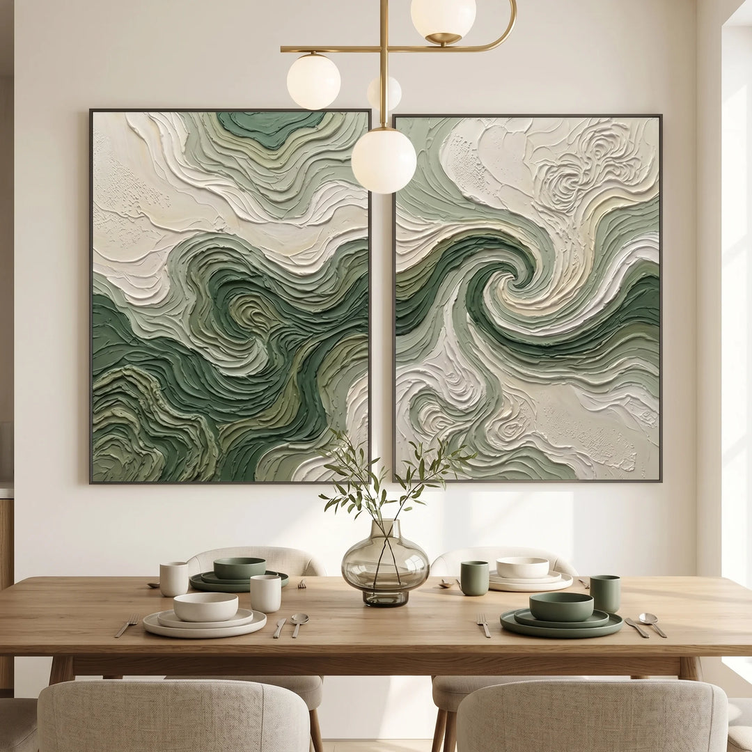 Green Abstract Swirl Diptych Canvas Print Wall Art TA