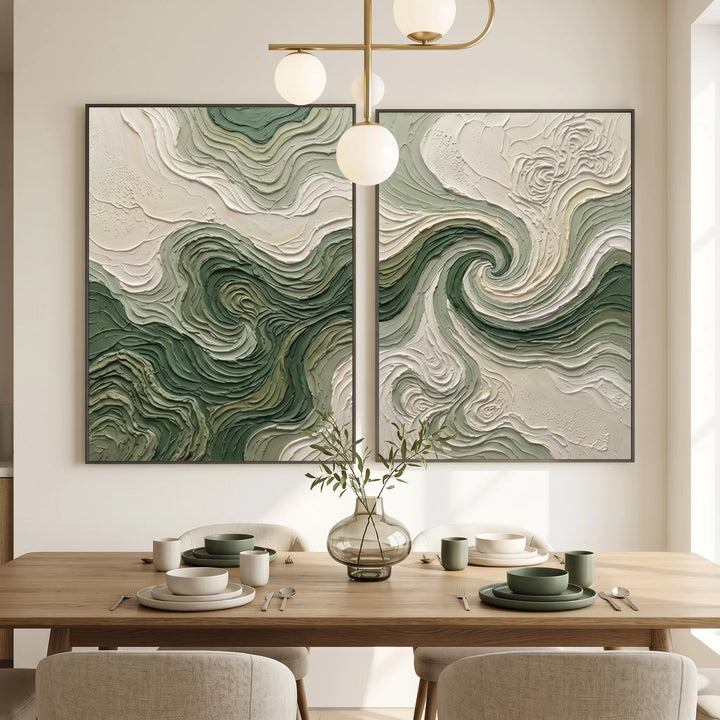 Green Abstract Swirl Diptych Canvas Print Wall Art TA
