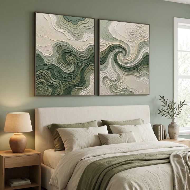 Green Abstract Swirl Diptych Canvas Print Wall Art TA