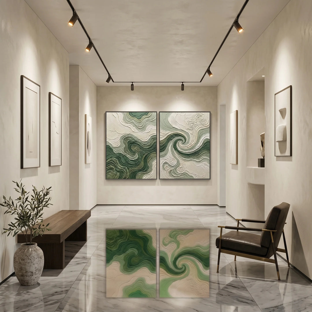 Green Abstract Swirl Diptych Canvas Print Wall Art TA