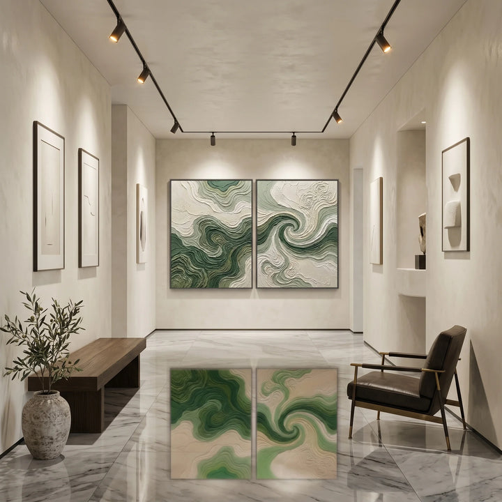 Green Abstract Swirl Diptych Canvas Print Wall Art TA
