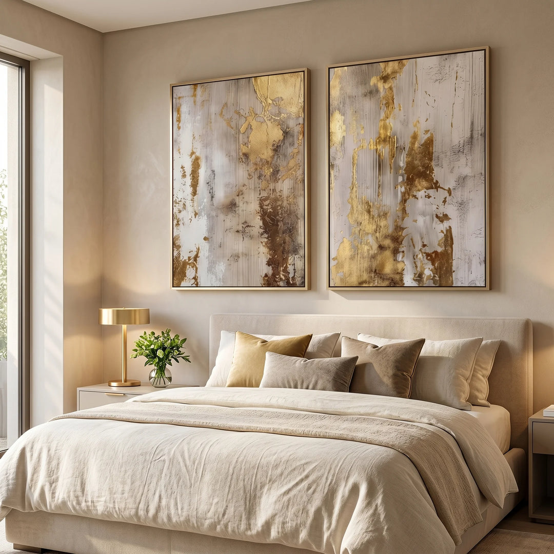 Gold Abstract Diptych Canvas Print with Metallic Detail TA