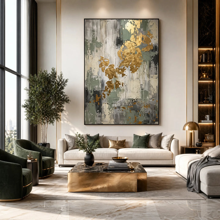 Sage Green Abstract Oil Painting Gold Leaf Wall Art HP