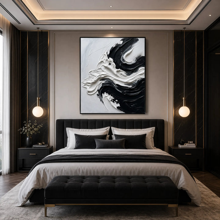 Black and White Abstract Impasto Oil Painting Vertical Wall Art HP