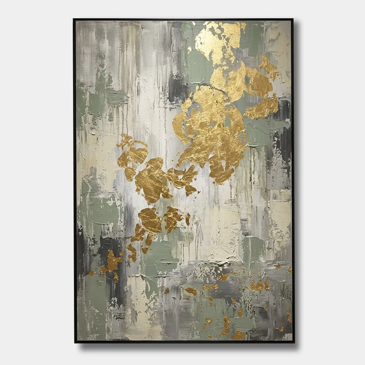 Sage Green Abstract Oil Painting Gold Leaf Wall Art HP