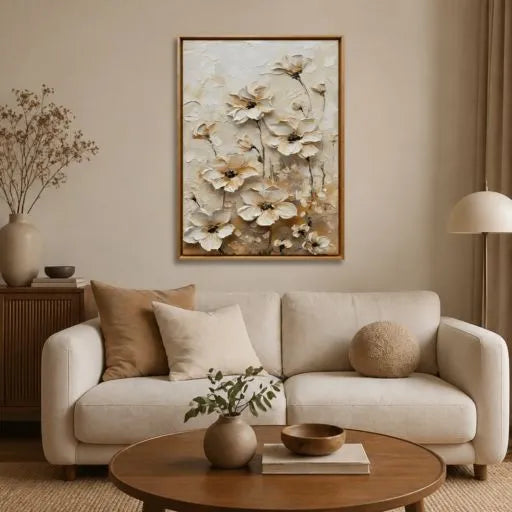 Cream 3D Floral Textured Neutral Oil Painting HP