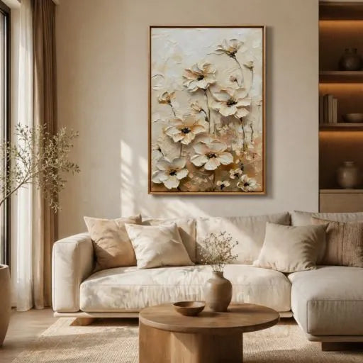 Cream 3D Floral Textured Neutral Oil Painting HP