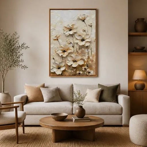 Cream 3D Floral Textured Neutral Oil Painting HP