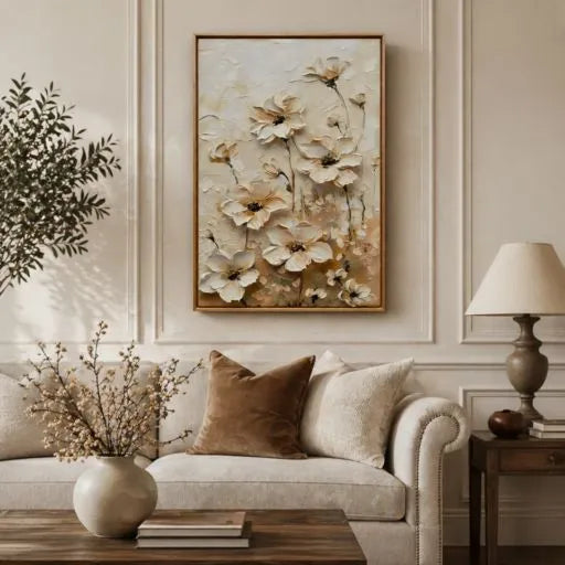 Cream 3D Floral Textured Neutral Oil Painting HP