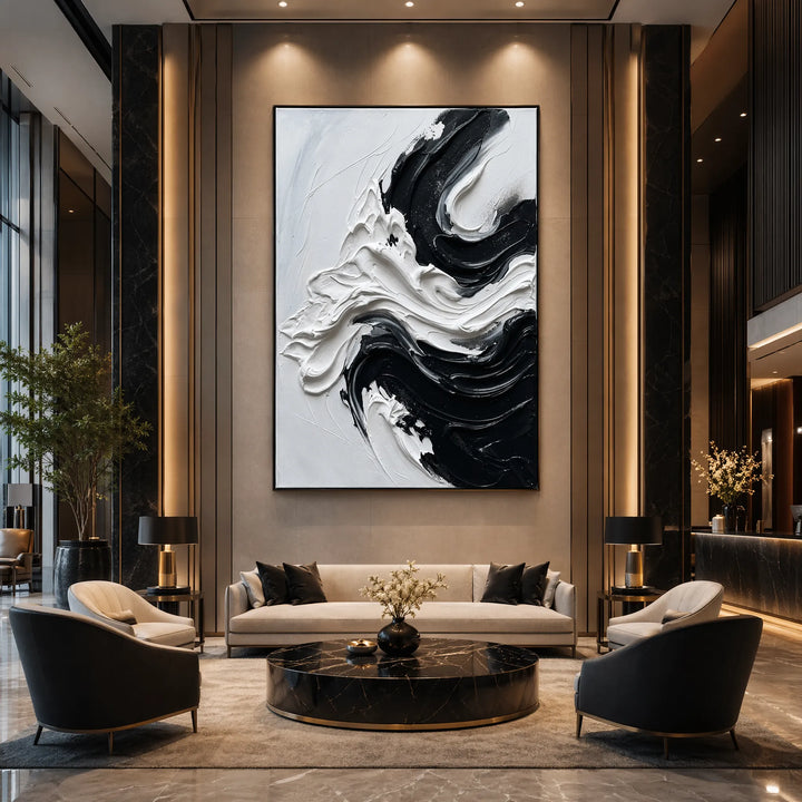 Black and White Abstract Impasto Oil Painting Vertical Wall Art HP