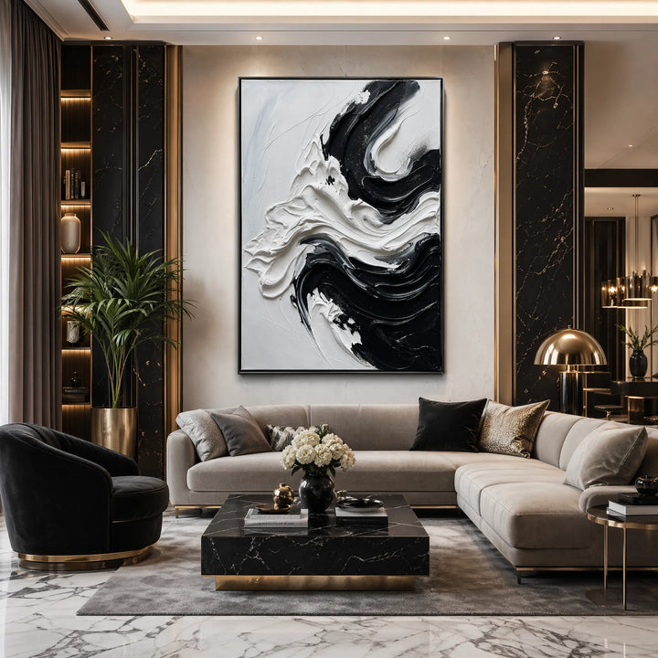 Black and White Abstract Impasto Oil Painting Vertical Wall Art HP