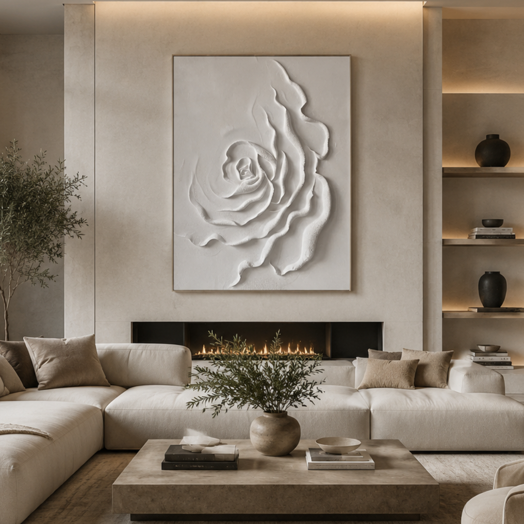 Minimalist White Rose Relief Wall Art for Modern Interior HM