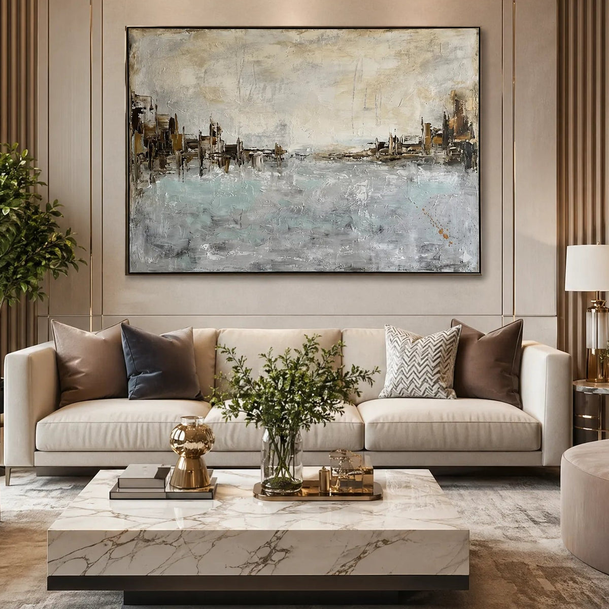 Hand-Painted Coastal Abstract Oil Painting Horizontal Wall Art HP#2810 — Existing room preview room preview