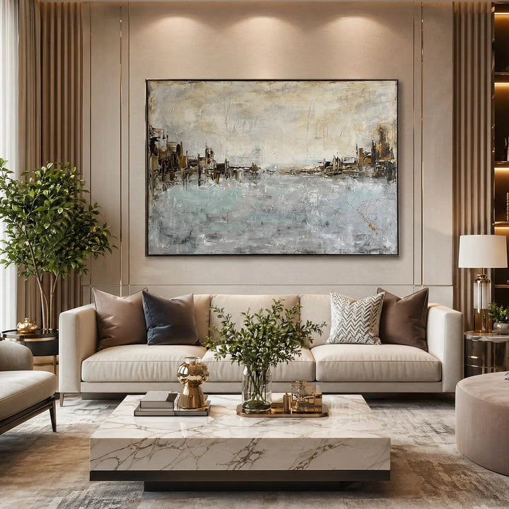 Hand-Painted Coastal Abstract Oil Painting Horizontal Wall Art HP