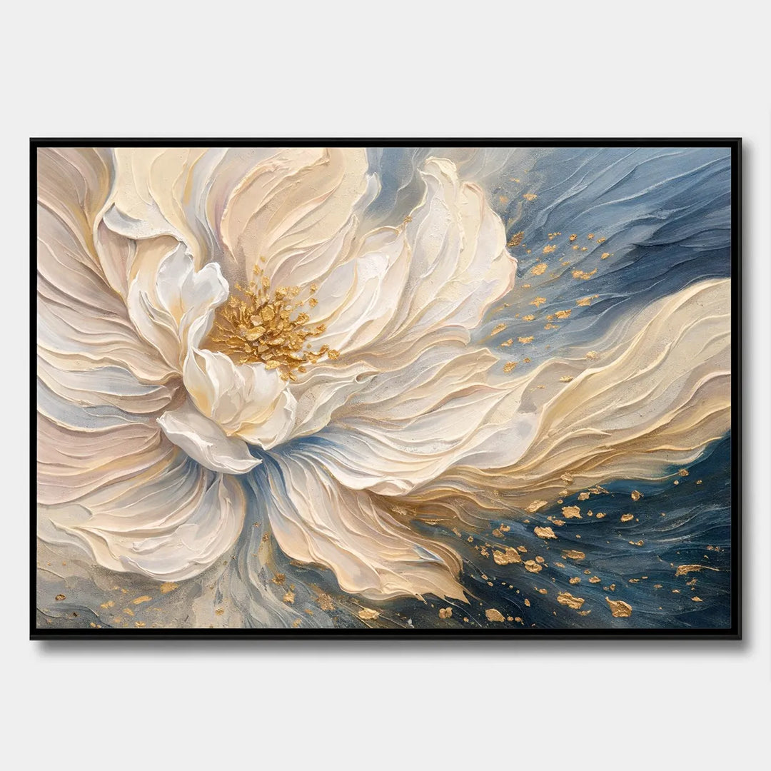 3D Petal Floral Oil Painting Navy Gold Wall Art HP