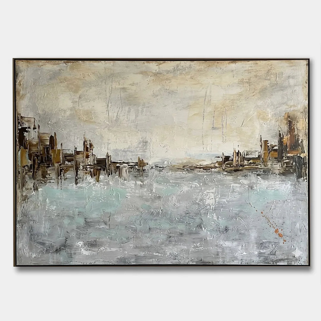 Hand-Painted Coastal Abstract Oil Painting Horizontal Wall Art HP