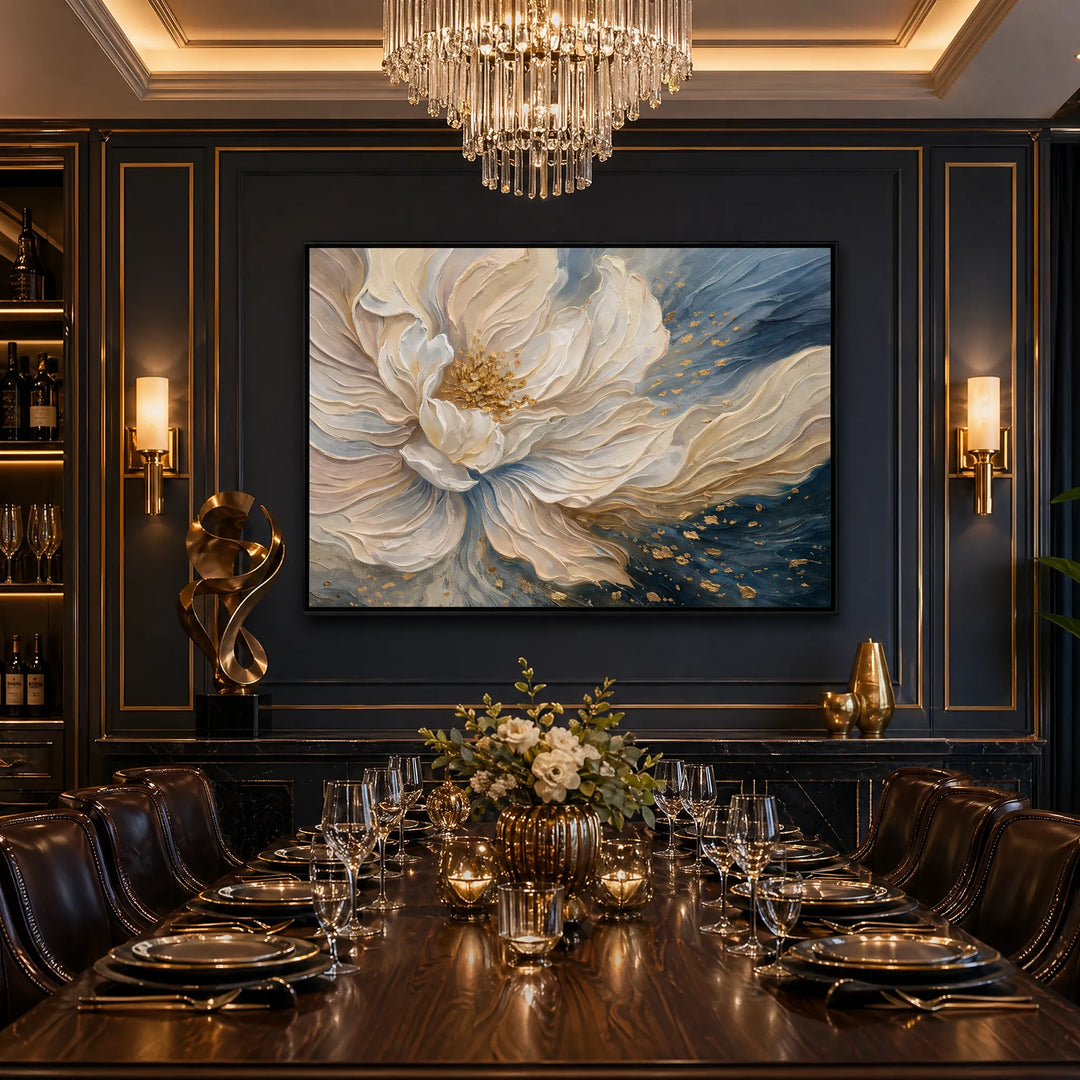 3D Petal Floral Oil Painting Navy Gold Wall Art HP