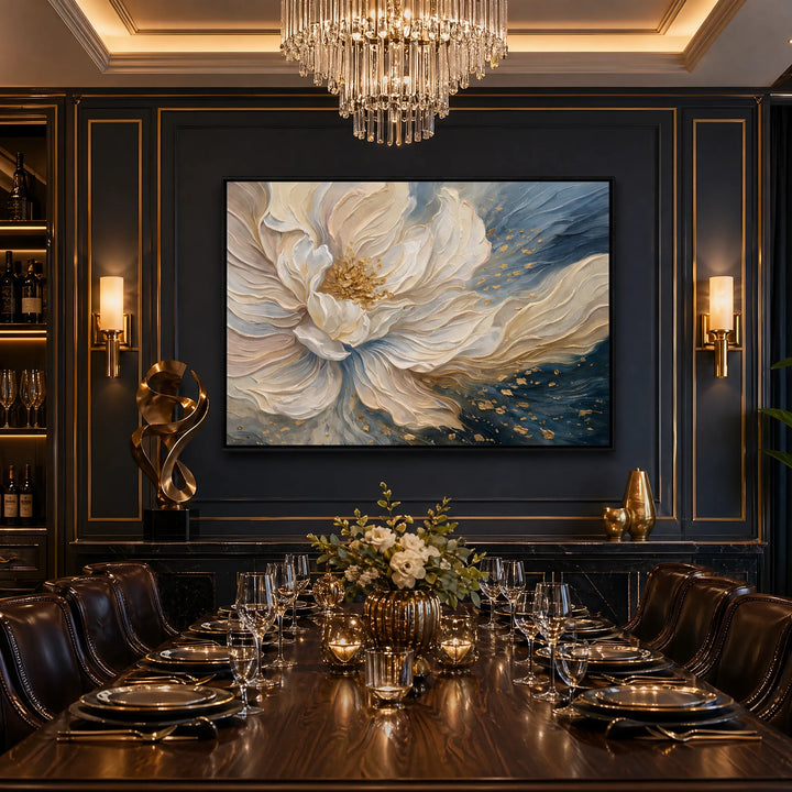 3D Petal Floral Oil Painting Navy Gold Wall Art HP