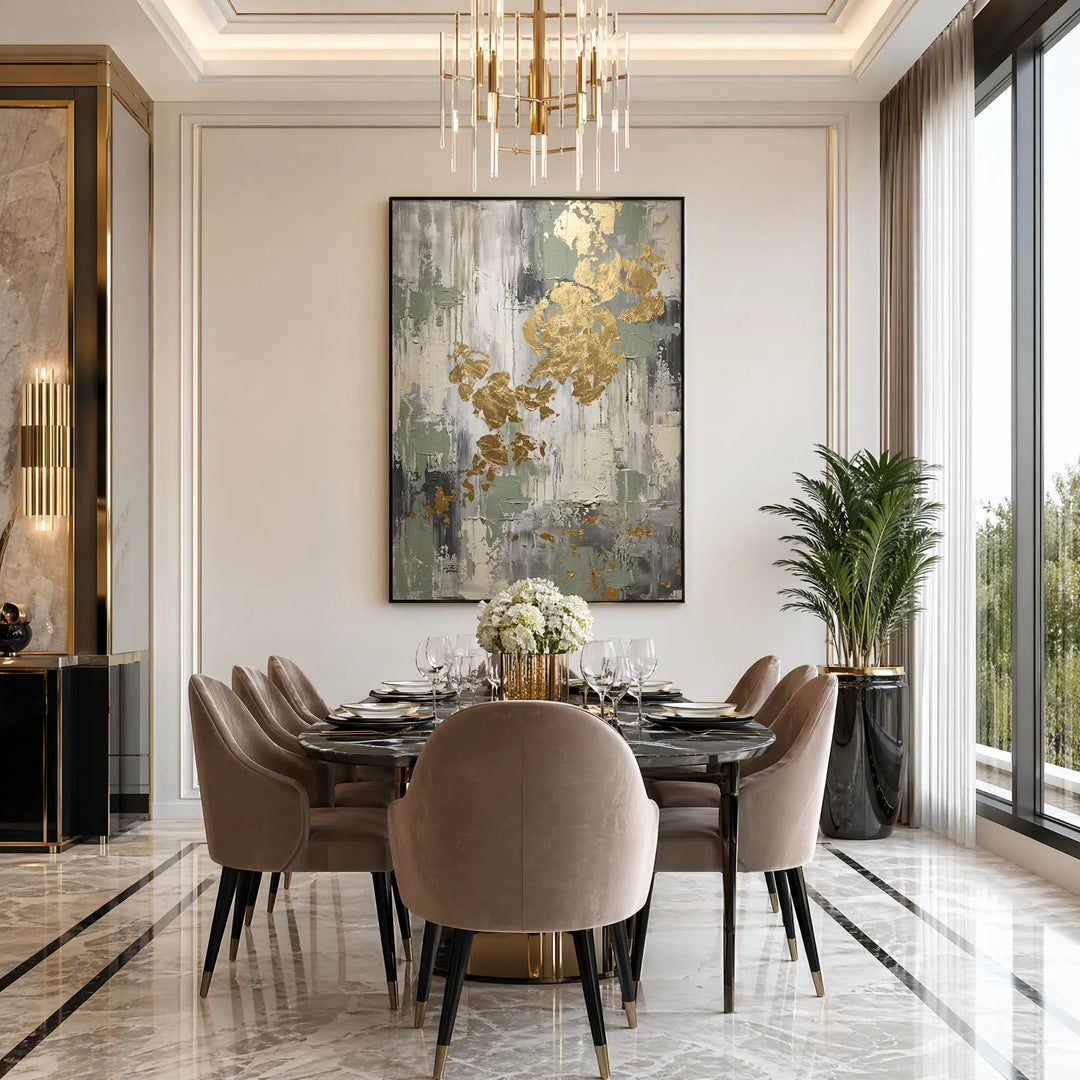 Sage Green Abstract Oil Painting Gold Leaf Wall Art HP