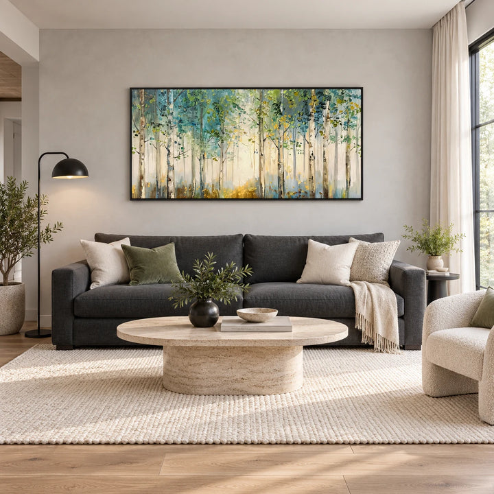 AA0618 birch forest oil painting with black frame in a complete modern living room