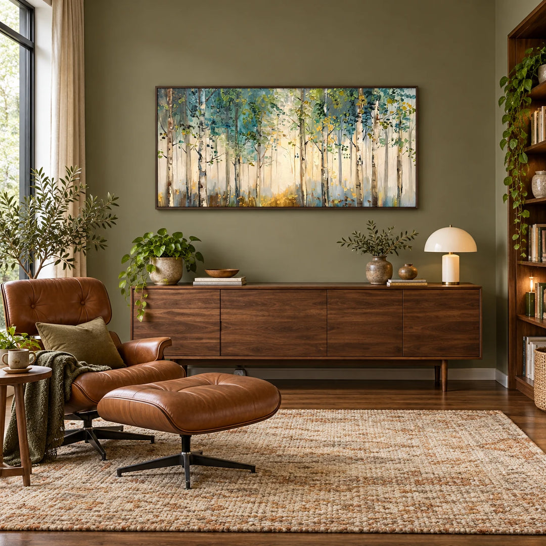AA0618 birch forest oil painting with dark walnut frame in a complete midcentury reading room