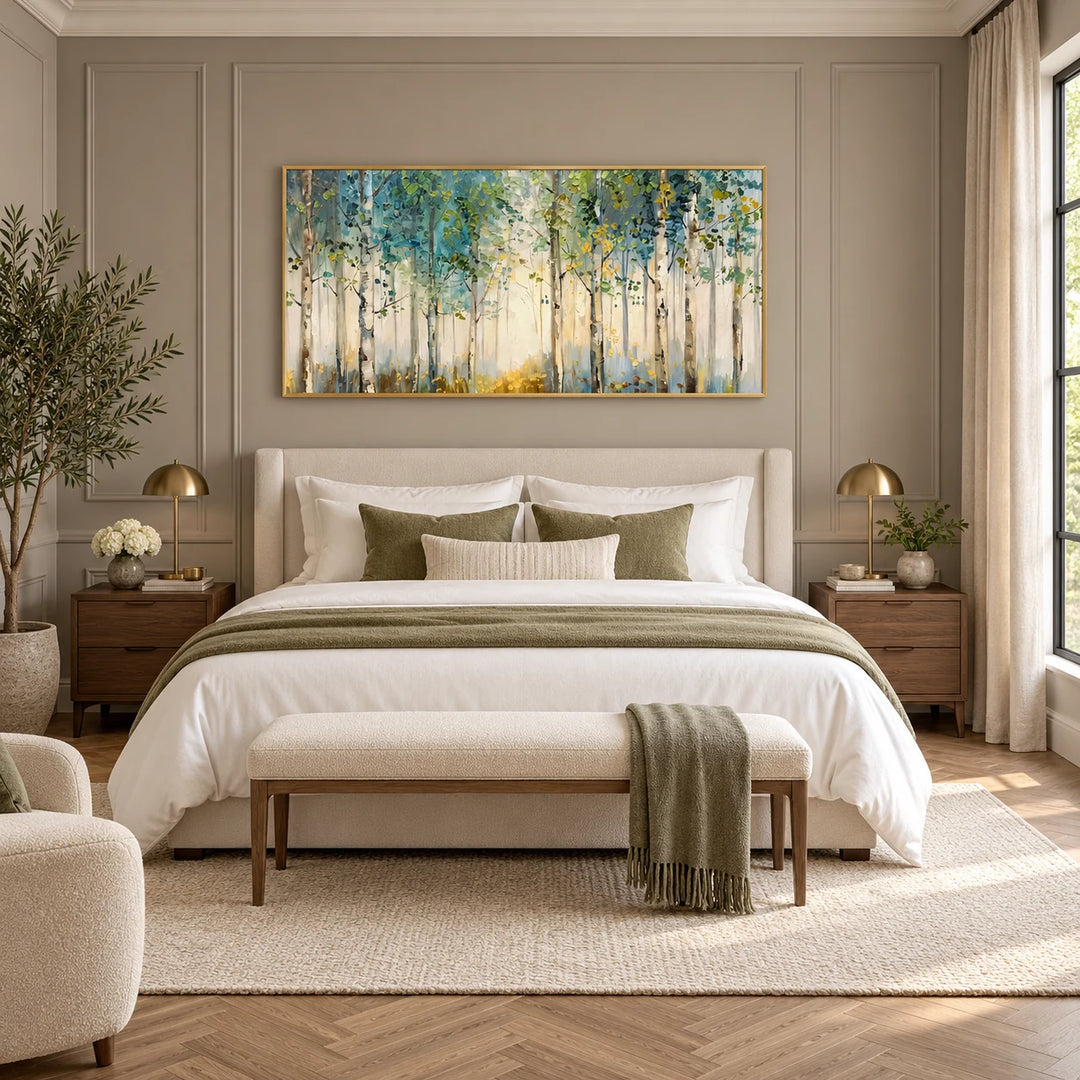 AA0618 birch forest oil painting with gold frame in a complete contemporary classic bedroom
