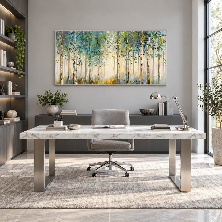 AA0618 birch forest oil painting with silver frame in a complete contemporary home office