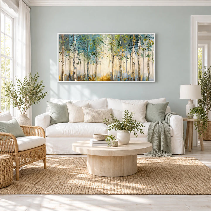 AA0618 birch forest oil painting with white frame in a complete Scandinavian sunroom