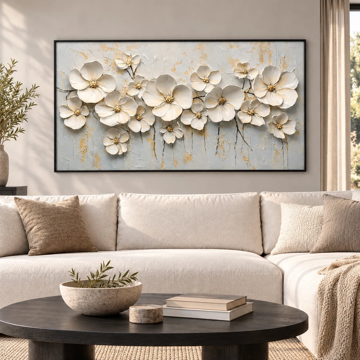 Ivory Bloom Relief Painting AA#2316 — Existing room preview room preview
