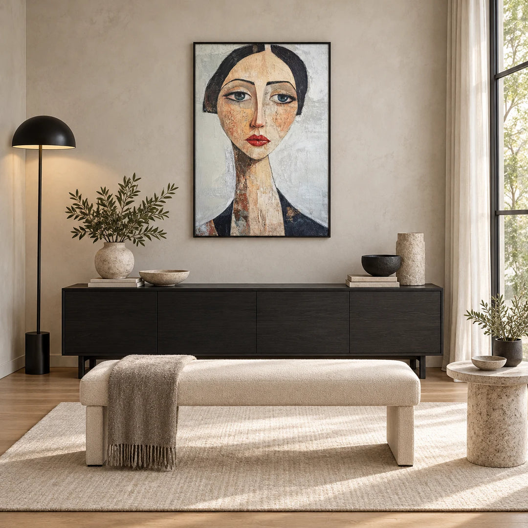 AA2319 Silent Grace stylized woman portrait painting with black frame in a complete modern entry lounge