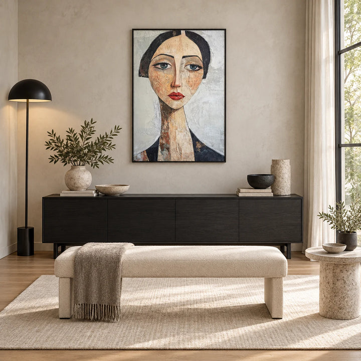 AA2319 Silent Grace stylized woman portrait painting with black frame in a complete modern entry lounge