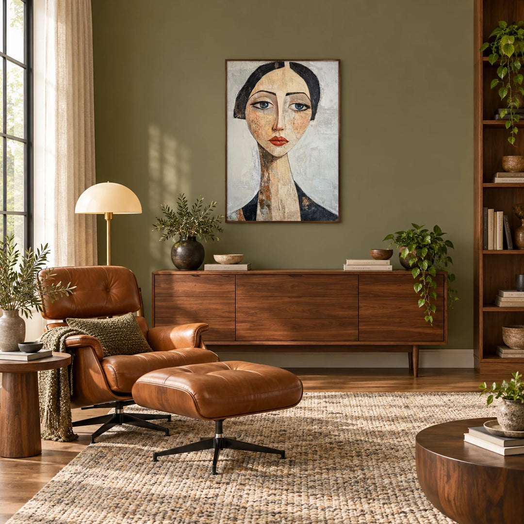 AA2319 Silent Grace stylized woman portrait painting with dark walnut frame in a complete midcentury reading lounge