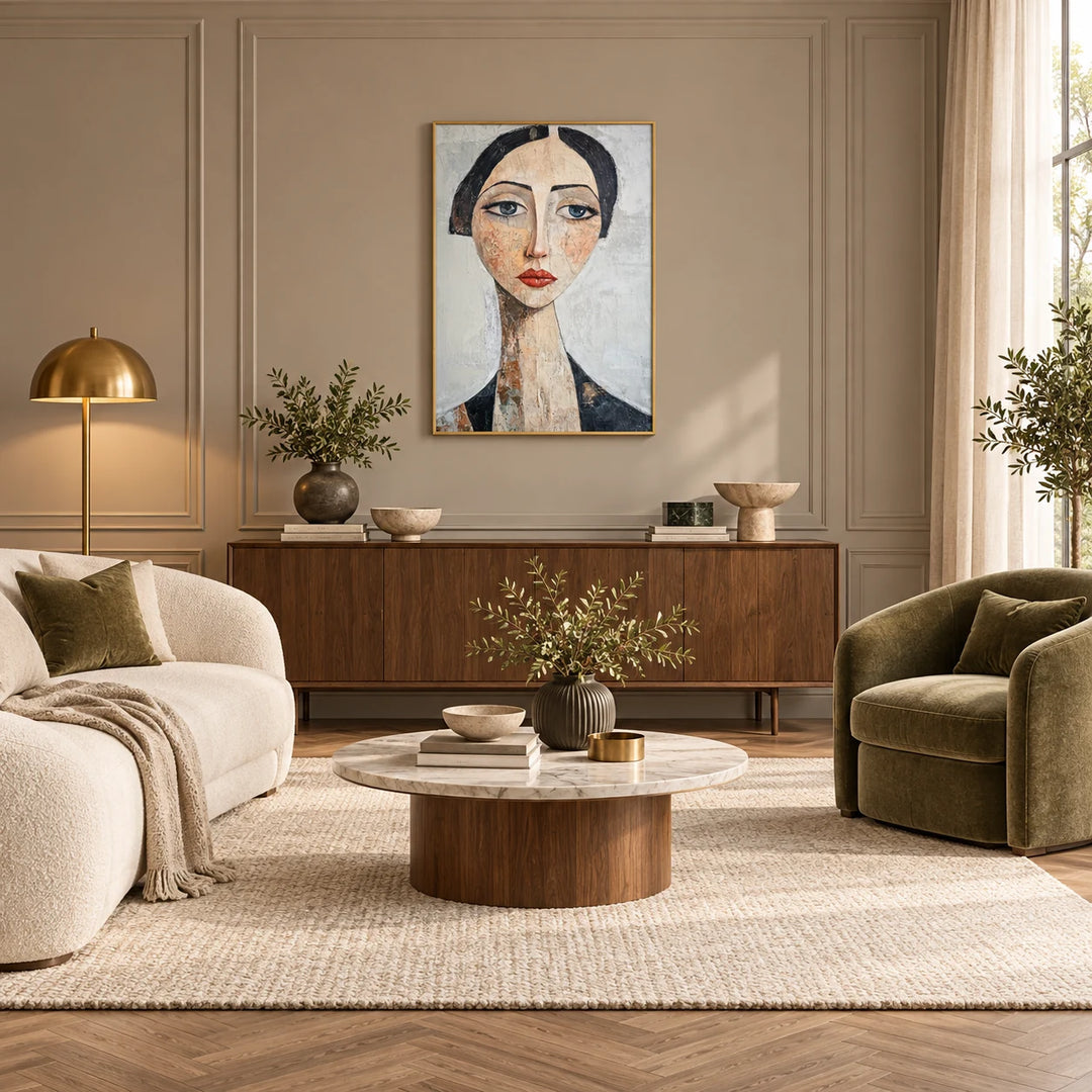 AA2319 Silent Grace stylized woman portrait painting with gold frame in a complete contemporary classic living room