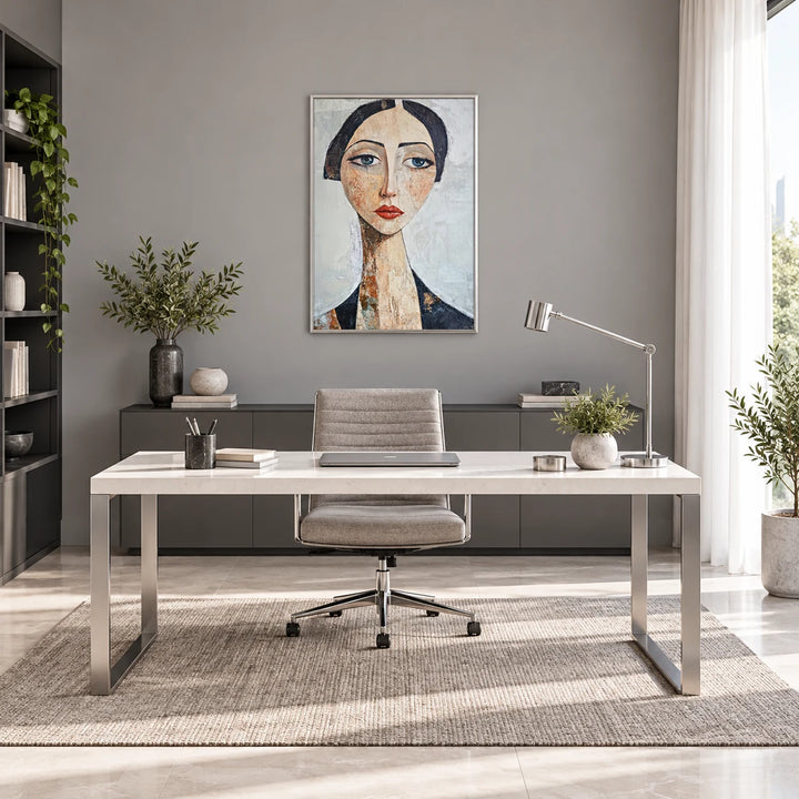 AA2319 Silent Grace stylized woman portrait painting with silver frame in a complete contemporary home study