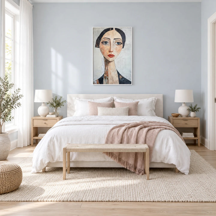 AA2319 Silent Grace stylized woman portrait painting with white frame in a complete Scandinavian bedroom