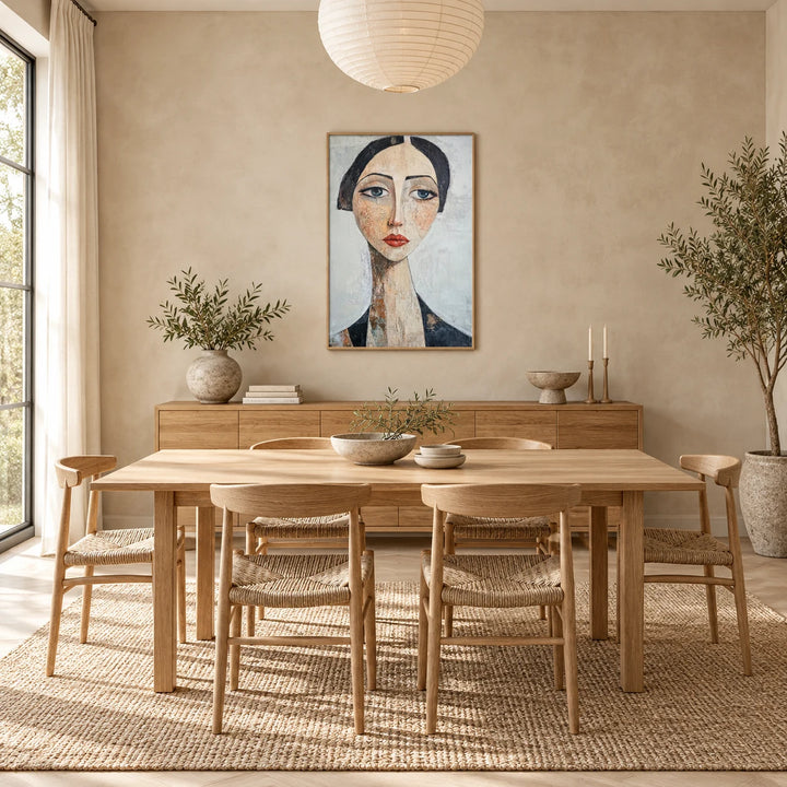 AA2319 Silent Grace stylized woman portrait painting with natural oak frame in a complete Japandi dining room