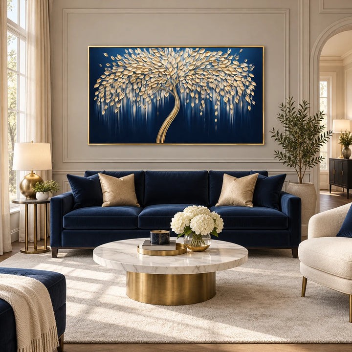 AA2329 Midnight Gold Willow Tree Painting in gold frame, full styled home interior